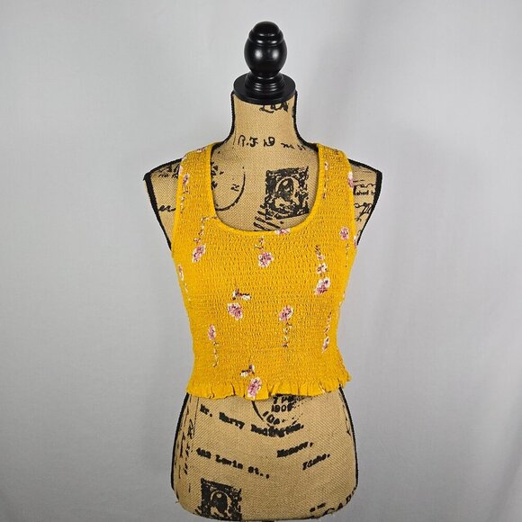 Japna Yellow Smocked Floral Crop Top Size L Square Neck Ruffle Hem Boho Stretchy - Picture 1 of 12